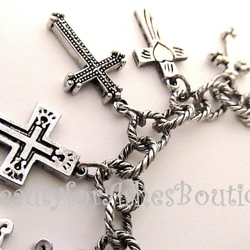 BFA Womens Girls Multi Ornate 11 Cross Charms Link Silver Heart Love Bracelet - Picture 9 of 13